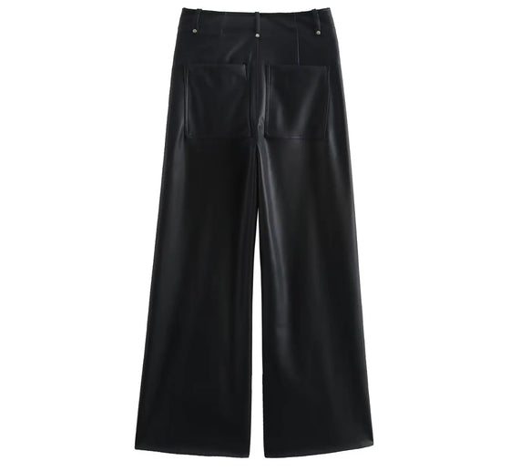 Black High-Waisted Wide-Leg Faux Leather Pants