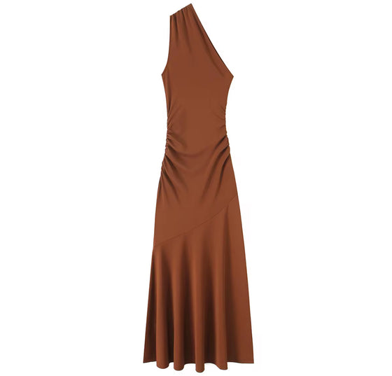Brown one-shoulder ruched midi dress