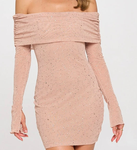 Nude Sparkling Blush Off-Shoulder Dress