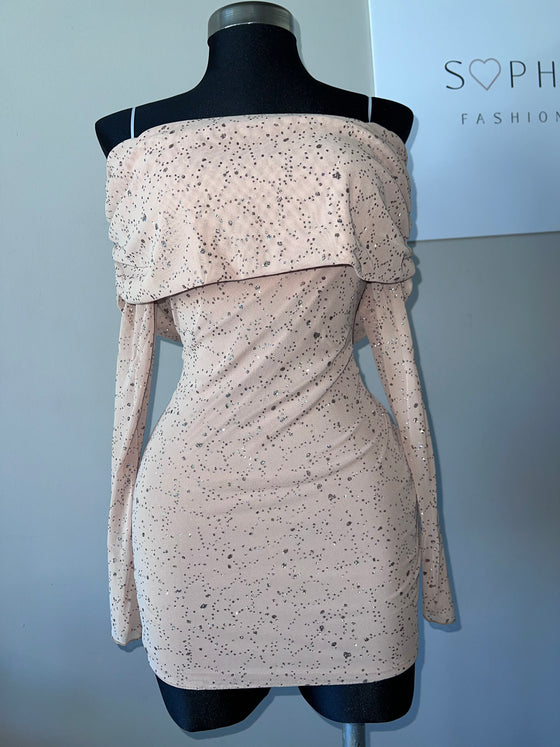 Nude Sparkling Blush Off-Shoulder Dress