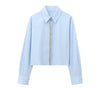 Baby blue Elegant Crystal-Trimmed Cropped Shirt