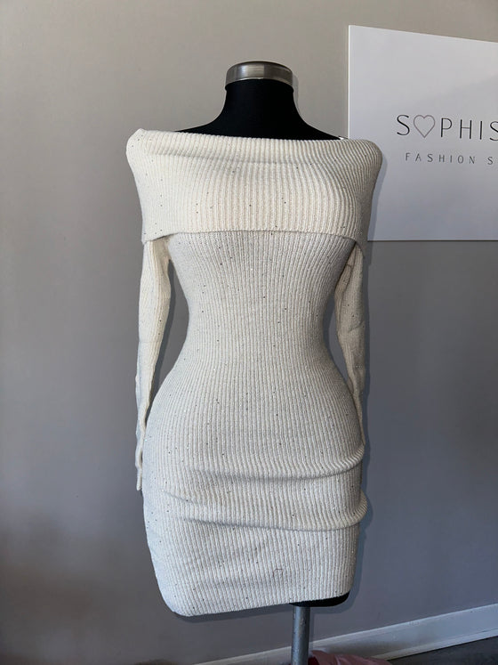 Glitter Cozy Ivory Knit Off-Shoulder Dress