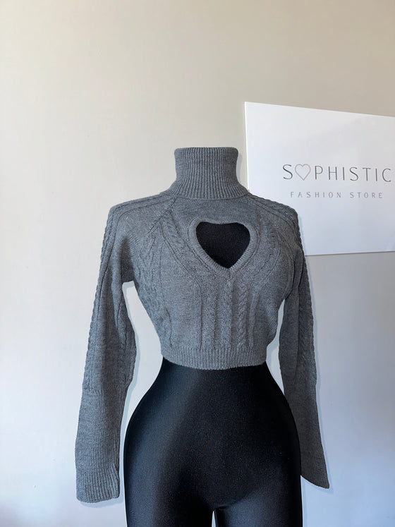 Heart-Cutout Knit Sweaters: Gray and Cream Edition