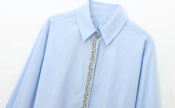 Baby blue Elegant Crystal-Trimmed Cropped Shirt