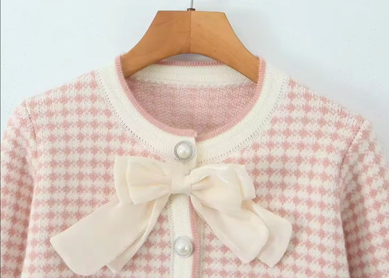 Pink Elegance Bow Accent Cardigan with Pearl Details