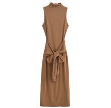  Camel Sleeveless Midi Dress with Back Bow Detail