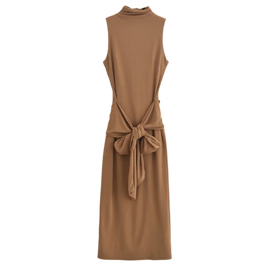 Camel Sleeveless Midi Dress with Back Bow Detail