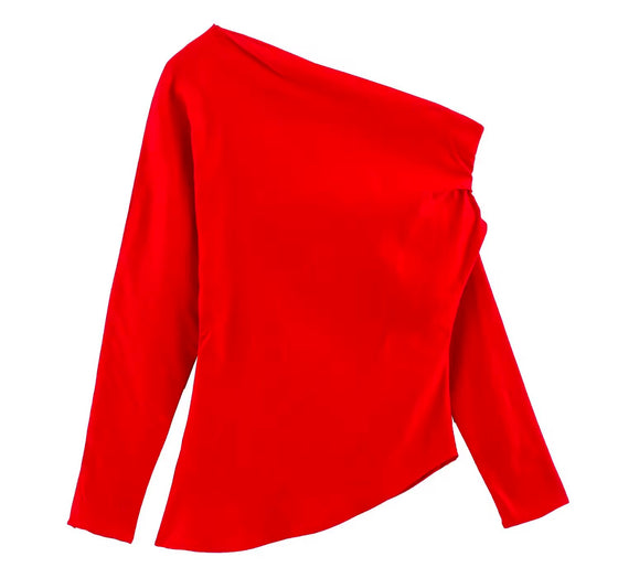 Asymmetrical One-Shoulder Red Blouse