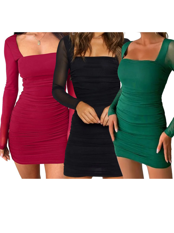 Elegant Ruched Dresses: Red, Black, and Green Collection