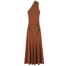  Brown one-shoulder ruched midi dress