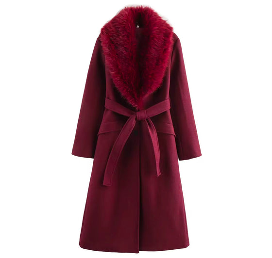 Crimson Glam Luxe Belted Coat with Faux Fur Collar