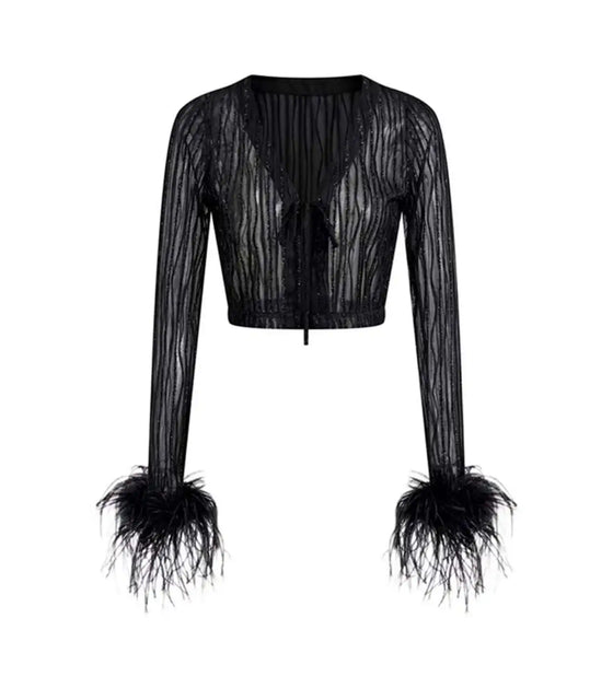 Black Glitter Cardigan with Feather Sleeve Trim