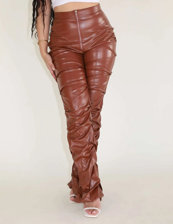 Brown Ruched Patent Pants